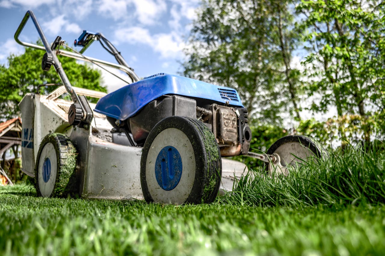 hero-img-01 Close-up view of a lawn mower cutting grass in a garden on a sunny day.